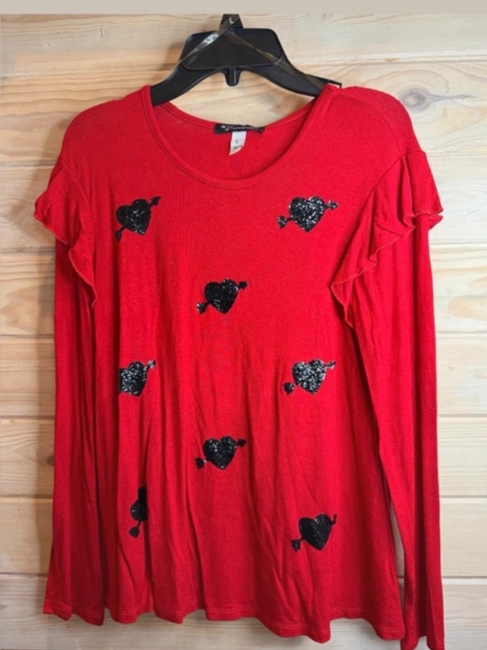 Red Long-Sleeve Heart Print Ruffle Shoulder Top